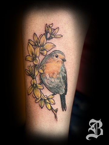 Robin on forsythia branch tattoo