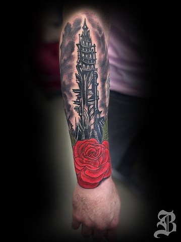 Tower and rose tattoo