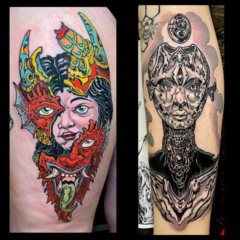 Broken mask lady and cyber lady tattoos 