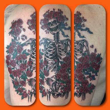Grateful Dead skeleton and roses tattoo