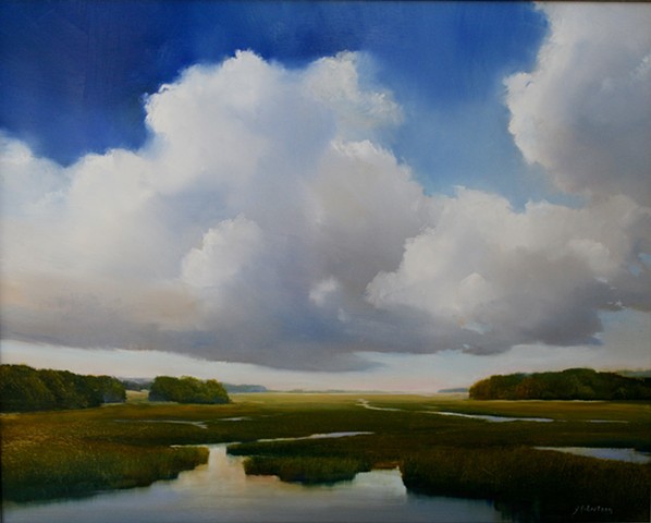 oil painting on aluminum with clouds and blue sky by Janine Robertson