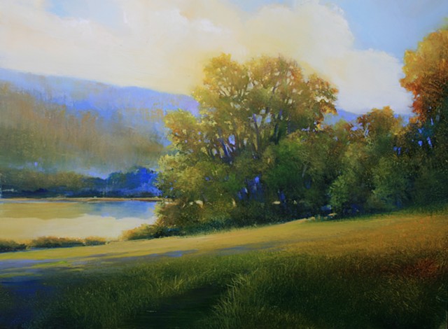 oil landscape painting of tree along river 