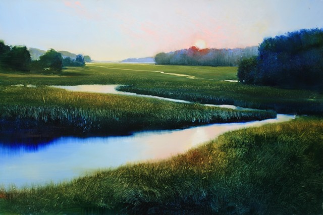 oil painting of salt marsh at sunset