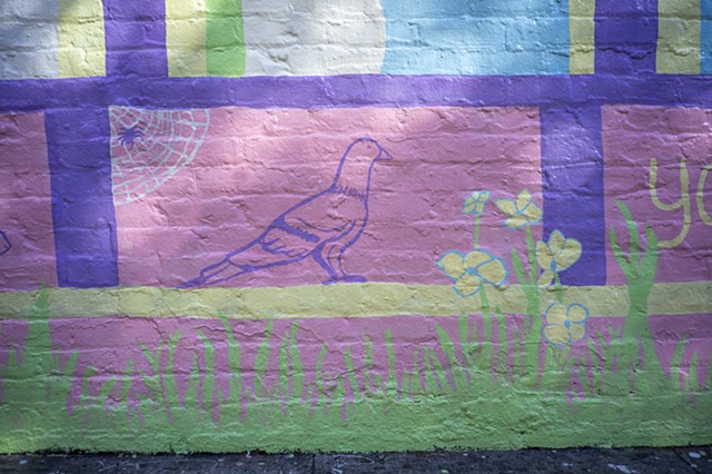 detail of pigeon and spider in dappled sunlight