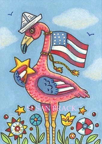Pink Flamingo Bird Patriotic American Flag Holiday Susan Brack Art Illustration License