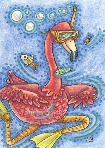 Pink Flamingo Bird Ocean Snorkling Snorkel Swimming Susan Brack Art Illustration License
