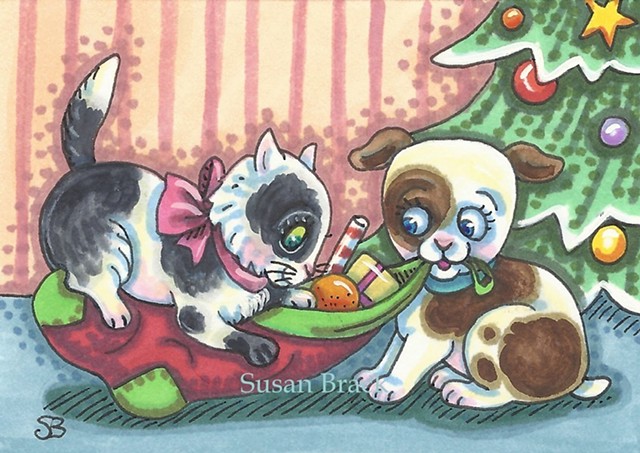 Christmas Kitten Puppy Dog Cat Pets Susan Brack Illustration Art ACEO EBSQ