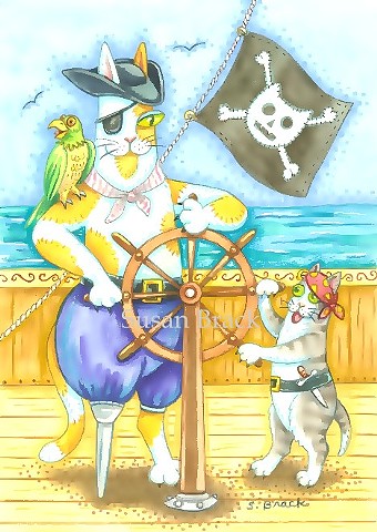 Hiss N' Fitz Cat Kitten Pirate Ship Boat Susan Brack Art Illustration Feline EBSQ Humor