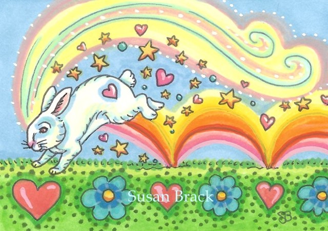 Spring Hare Easter Bunny Rabbit Rainbow Rainbow Spring Hare Easter Bunny Rabbt Susan Brack Original Folk Art Illustration ACEO EBSQ