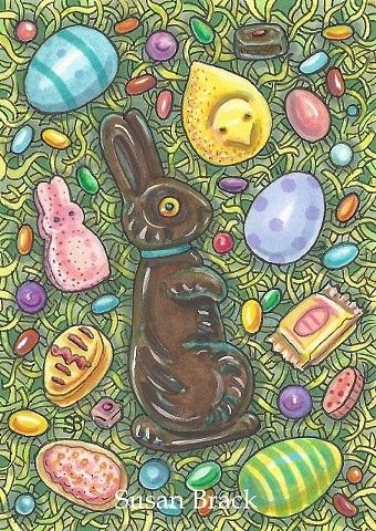 Easter Basket Eggs Candy Chocolate Bunny Rabbit Grass Susan Brack Folk Art License