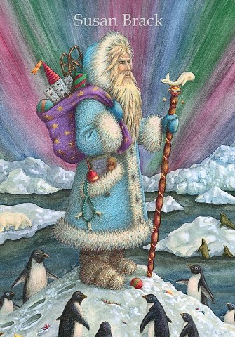 Santa Father Christmas Belsnickle Northern Lights Penguin Susan Brack Art North Pole
