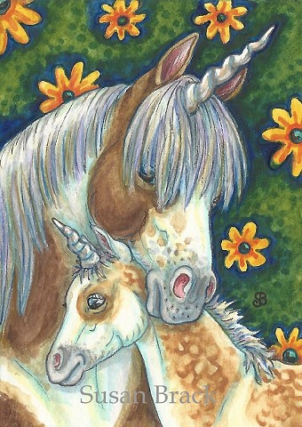 Unicorns Pinto Pony Island Colt Horse Fantasy Susan Brack Folk Art illustration EBSQ ACEO