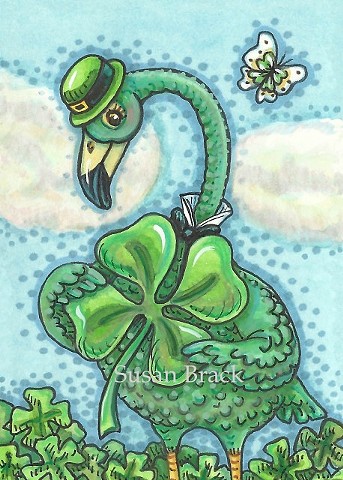 Irish Green Flamingo Bird St. Patricks Day Shamrock Susan Brack Art Illustration License
