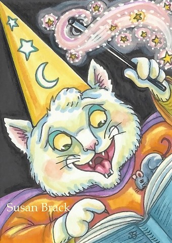 Halloween Cat Feline Kitten Wizard Black magic Spell Book Susan Brack Art Illustration EHAG