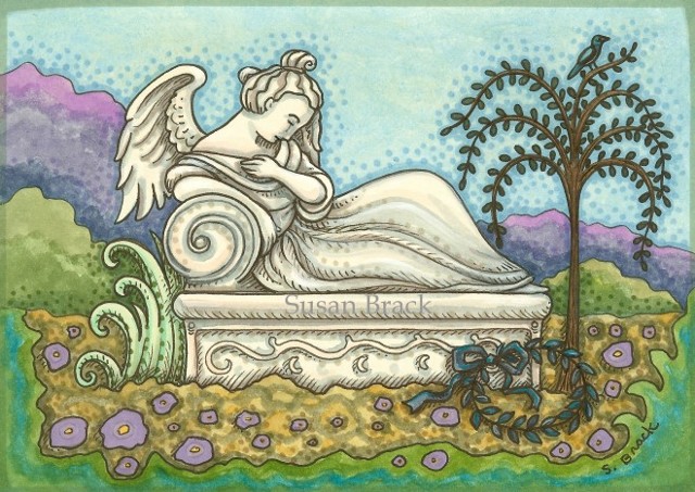 Cemetery Mourning Reclining Woman Angel Crypt Monument Grave Susan Brack Art Illustration