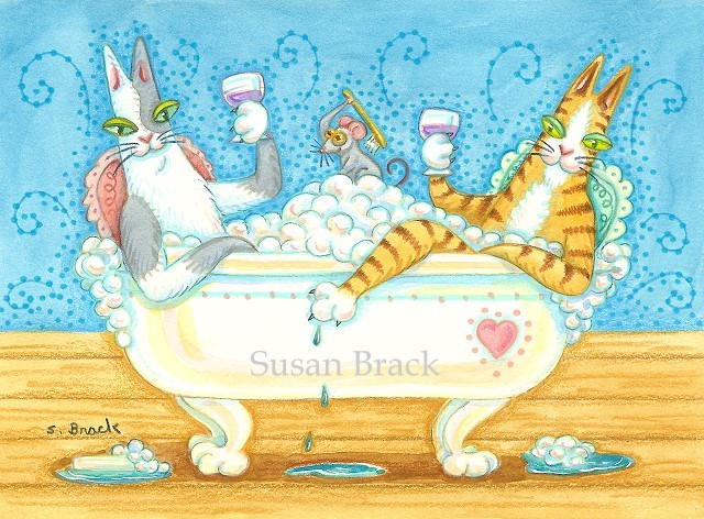 Hiss N Fitz Cats Bubble Bath Tub Champagne Susan Brack Art Feline Humor License