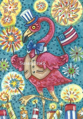 Pink Flamingo Bird Americana 4th Of July Holiday Flag Susan Brack Art Illustration License