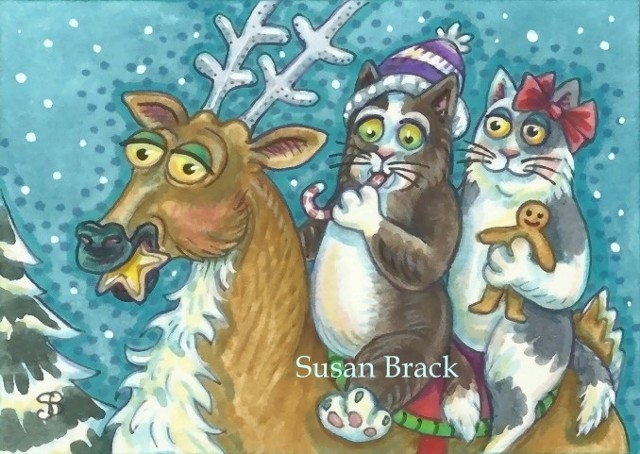 Hiss N' Fitz Cat Kitten Christmas Reindeer Ride Susan Brack Art Feline Humor EBSQ License