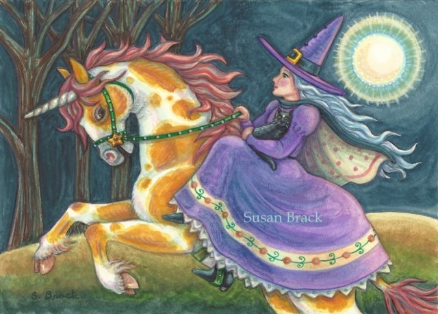 Witch Black Cat Sidesaddle Pinto Pony Horse Rider Susan Brack Halloween Art ACEO EBSQ
