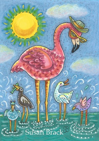 Pink Flamingo Birds Of A Feather Beach Susan Brack Art Illustration License