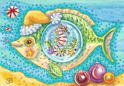 Christmas Fish Seahorse Bubbles Whimsical Candy Canes Sea Susan Brack Holiday art