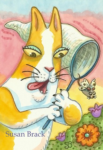 Hiss N' Fitz Cat Butterfly Catcher Moth Mouse Susan Brack Art Feline Humor License EBSQ