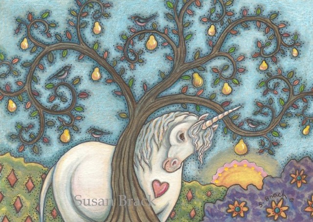Unicorn Under Pear Tree Horse Fantasy Susan Brack Folk Art illustration License