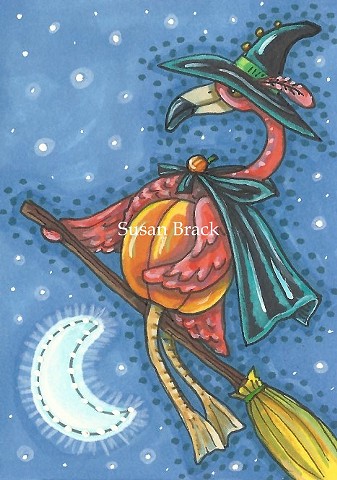 Pink Flamingo Halloween Witch Bird Broom Holiday Susan Brack Art Illustration License
