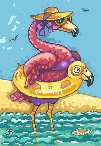 Pink Flamingo Bird Beach Ocean Humor Susan Brack Art Illustration Licensing