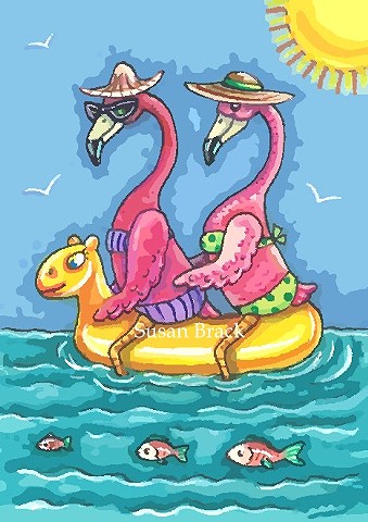 Pink Flamingos Bikini Birds Ocean Beach Vacation Susan Brack Art Illustration License