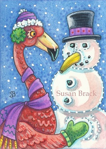 Snowman Pink Flamingo Christmas Snow Snowball Bird Susan Brack Art Illustration