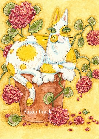 Hiss N Fitz Cat Feline Potted Plant Geranium Susan Brack Series Art Licensing