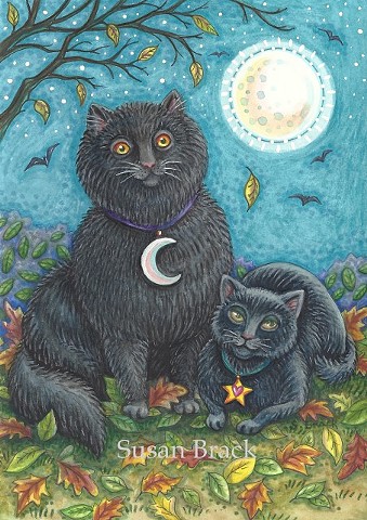 Black Cat Kitten Halloween Felines Susan Brack Folk Art Portrait License