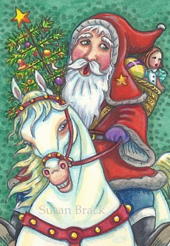 Santa Claus Belsnickle Father Christmas Jingle Bells White Horse Susan Brack Art