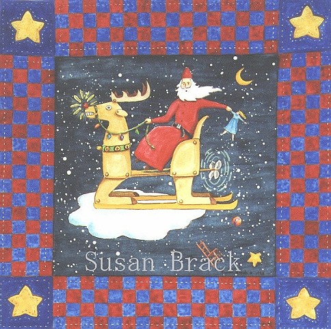 Christmas Folk Art Reindeer Sled Santa Starry Night Susan Brack Humor License