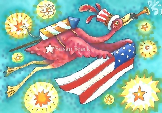 Pink Flamingo Bird Patriotic American Flag Holiday Susan Brack Art Illustration License