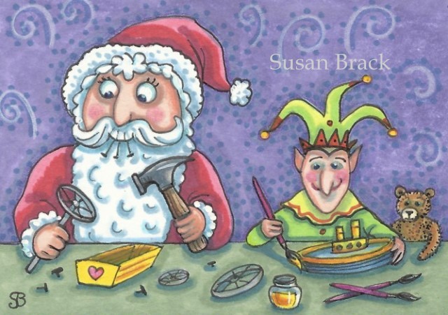 Santa's Workshop Elf Claus Toys Christmas Susan Brack Art Illustration Holidays Cartoon