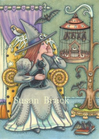 Witch Woman Halloween Bat Cage Pets Black Cat Susan Brack Art License