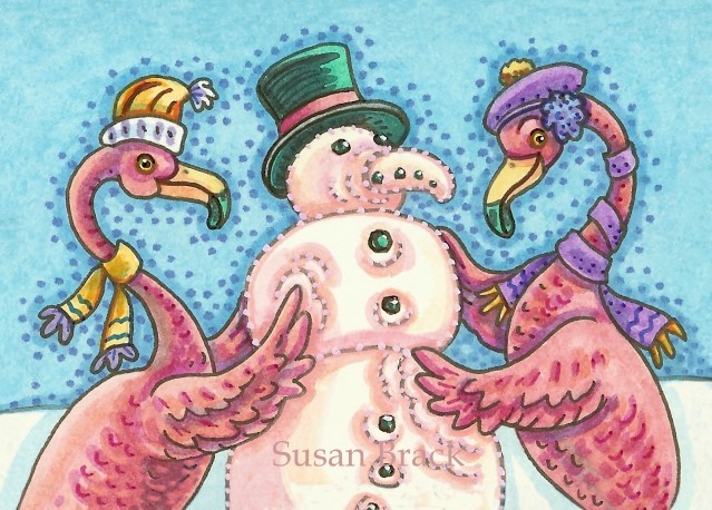 Pink Flamingo Christmas Snowman Holiday Winter Snow Susan Brack Art Illustration License