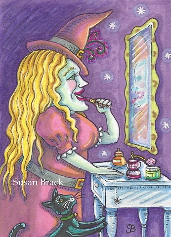 Witch Black Cat Diva Maven Makeup Mirror Mirror Susan Brack Halloween Art ACEO EBSQ