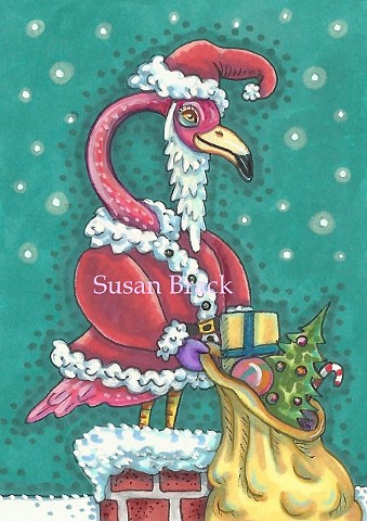 Pink Flamingo Santa Claus Bird Christmas Toys Susan Brack Art Illustration License