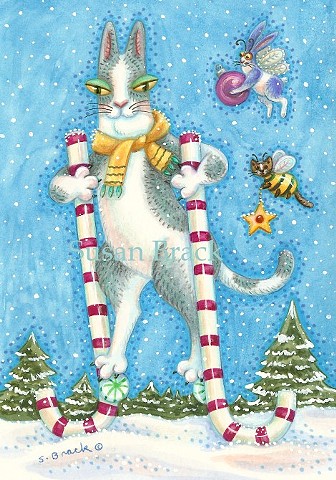 Hiss N' Fitz Cat Kitten Christmas Stilts Susan Brack Art Feline Humor EBSQ Holiday