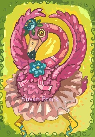 Pink Flamingo Bird Dancing Ballerina Tutu Humor Susan Brack Art Illustration Licensing