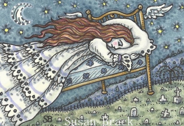 Mourning Cemetery Weeping Woman Grieving Flying Bed Susan Brack Art Illustration