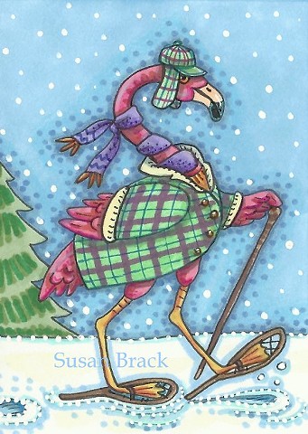 Pink Flamingo Snow Shoes Winter Christmas Susan Brack Art Illustration Licensing