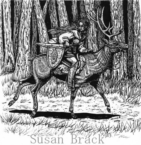 Running Elk Chase Woman Warrior Fantasy Hunt Susan Brack Art Illustration EBSQ Pen Ink