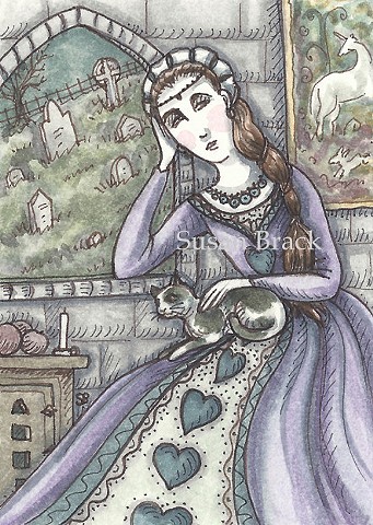 Cemetery Mourning Woman Cat Medieval Graveyard Susan Brack Art Illustration EBSQ