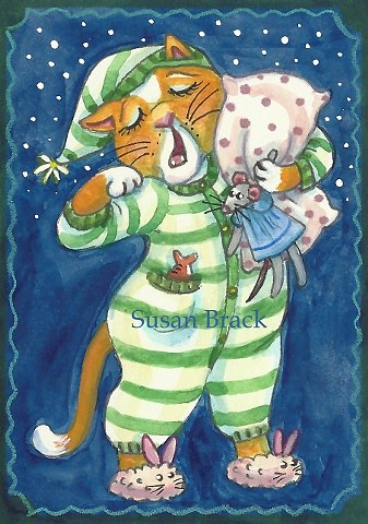 Yawning Cat Feline Sleepy Kitten Mouse Pillow Susan Brack Art Illustration License