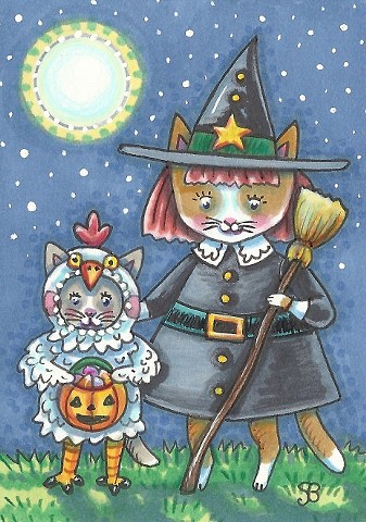 Halloween Cats Feline Kitten Costume Witch Chicken Susan Brack Art Illustration License