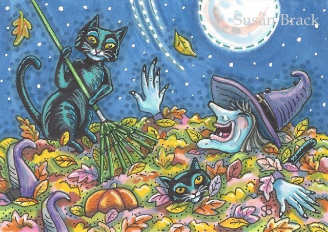 Black Cat Fall Leaves Witch Halloween Humor Susan Brack Art Illustration EBSQ ACEO
